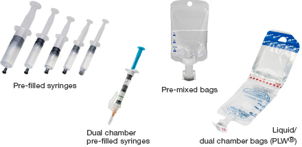Pre-filled syringes | Liquid/powder double chamber bags (PLW®) | Pre-mixed bags | Double chamber pre-filled syringes