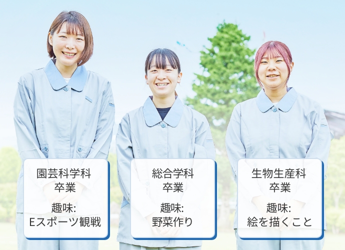 園芸科学科 卒業 趣味: eスポーツ観戦 / 総合学科 卒業 趣味: 野菜作り / 生物生産科 卒業 趣味: 絵を描くこと